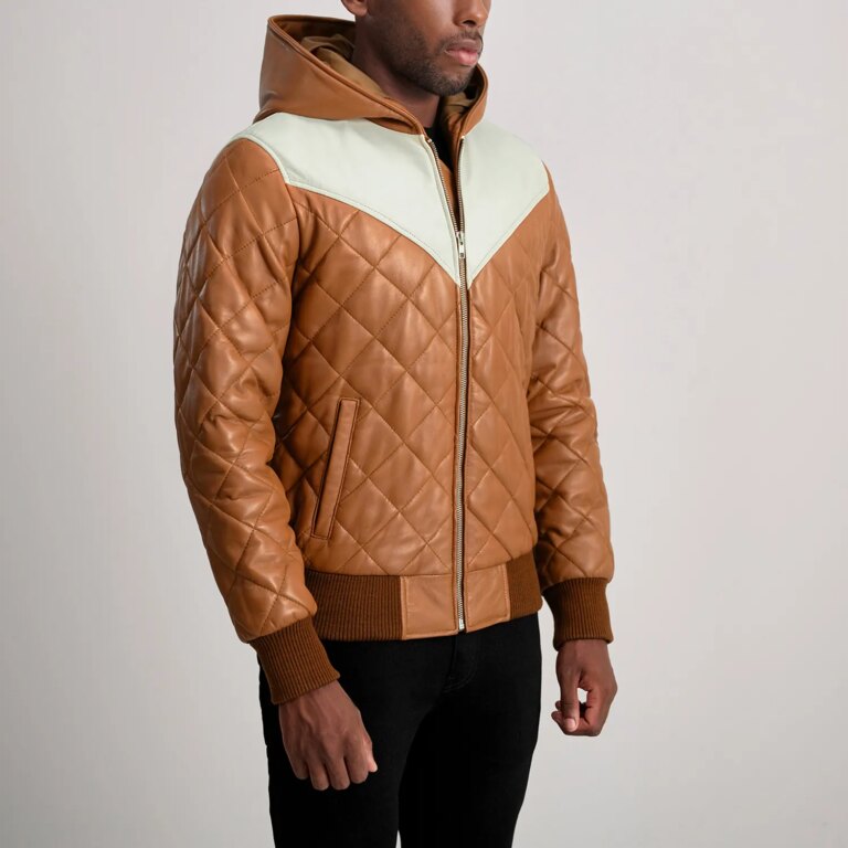 Mens Norman Tan Hooded Bomber Leather Puffer Jacket Side Pose-3-1733739007754